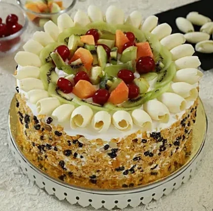 Fondant Fresh Fruit Cake (MB418) from the best bakery cakes shop in Aligarh, fondant cake topped with fresh seasonal fruits and smooth elegant finish