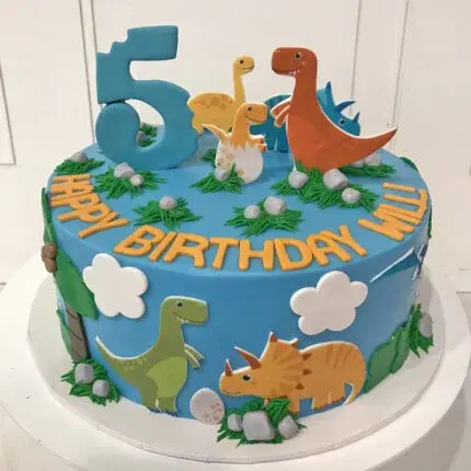 Birthday Pineapple Cake (MB475) with cute dinosaur theme and number cake design – best bakery cakes shop in Aligarh