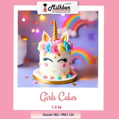 Girls Cake (MB1134) by the best bakery cakes shop in Aligarh, unicorn-themed girls’ birthday cake with colorful cream swirls, a golden horn, and a cute pastel design.