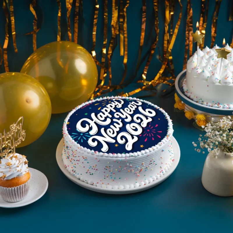 New Year’s Cake with elegant “Happy New Year 2026” design, festive balloons and candles – best bakery cakes shop in Aligarh